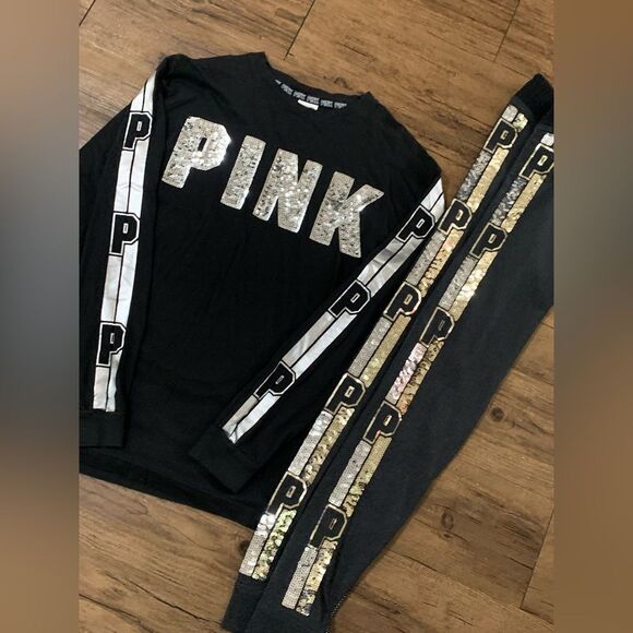 PINK VS BLING TSHIRT / SEQUIN JOGGER LEGGINGS P OUTFIT - Picture 6 of 12